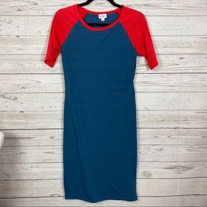 LuLaRoe Julia Dress Blue with Red Short Sleeves XS
